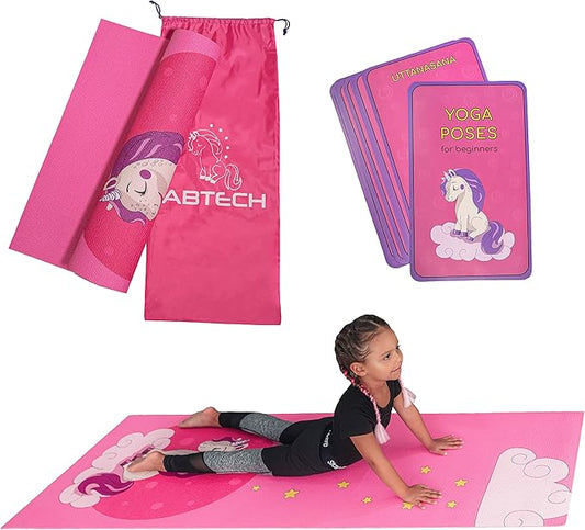 Kids Yoga Mat Set for Boys & Girls - Doll, Unicorn, Mermaid, Panda, Dinosaur and UnderWater - Chemical Free - Non-Toxic - Non-Slip - 60 X 24 X 0.2 Inches - w/ 12 Yoga Cards - Cute Carrier Bag - Ages 3-12 - Bloomnest