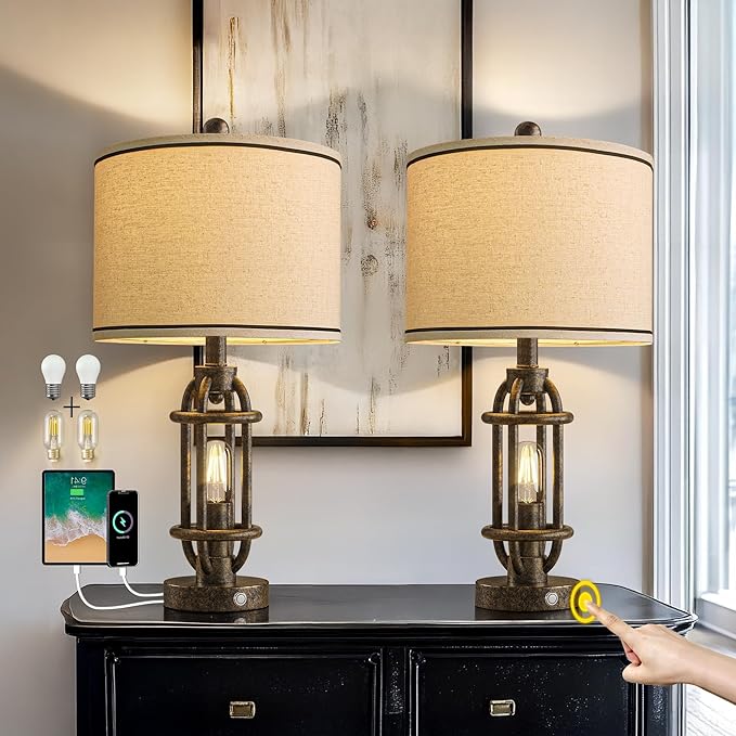 23.75'' Table Lamps Set of 2 for Living Room Bedroom Industrial Farmhouse Metal Touch Lamps with USB A+C Ports, Night Light Vintage Nightstand Bedside Lamp, Bulbs Included, Bronze - Bloomnest