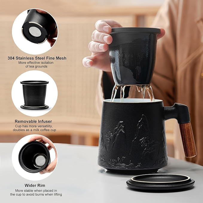 suyika Ceramic Tea Cup with Infuser and Lid, Gradient Embossed Large Tea Mug Wooden Handle for Steeping Loose Leaf, Tea Lover Gifts 15.2 oz / 450 ml,Matte Black