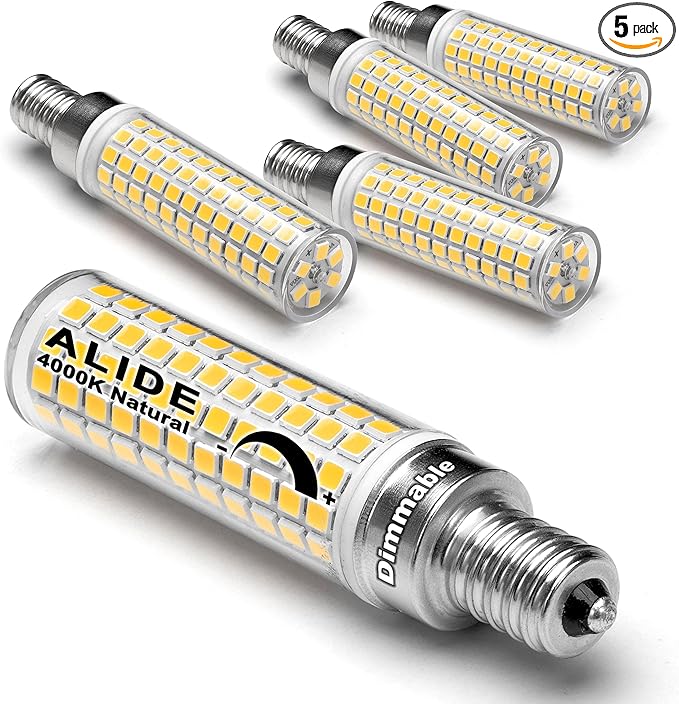 ALIDE E12 100W Dimmable Candelabra LED Light Bulbs Equivalent, Natural White 4000K,1000 Lumen C7 T6 Dimmable E12 10W LED Chandelier Bulbs for Ceiling Fan Pendant Salt Lamp,5 Pack - Bloomnest