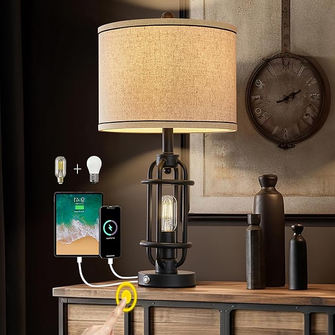 23.75'' Industrial Black Metal Table Lamps Living Room Lamp for Nightstand Bedroom lamp Single Bedside End Side Table Lamps Home Decor Touch Lamp Modern Lamps with USB Ports, Bulbs Included - Bloomnest
