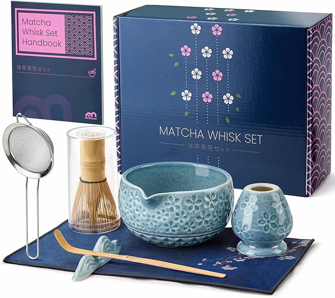 7Pcs Matcha Whisk Set, Ceramic Matcha Bowl with Spout, Bamboo Whisk and Holder,Bamboo Scoop,Scoop Rest,Sifter,Tea Towel, Matcha Kit with Cherry Blossom Carved Patterns for Matcha Lovers (Sakura Blue) - Bloomnest
