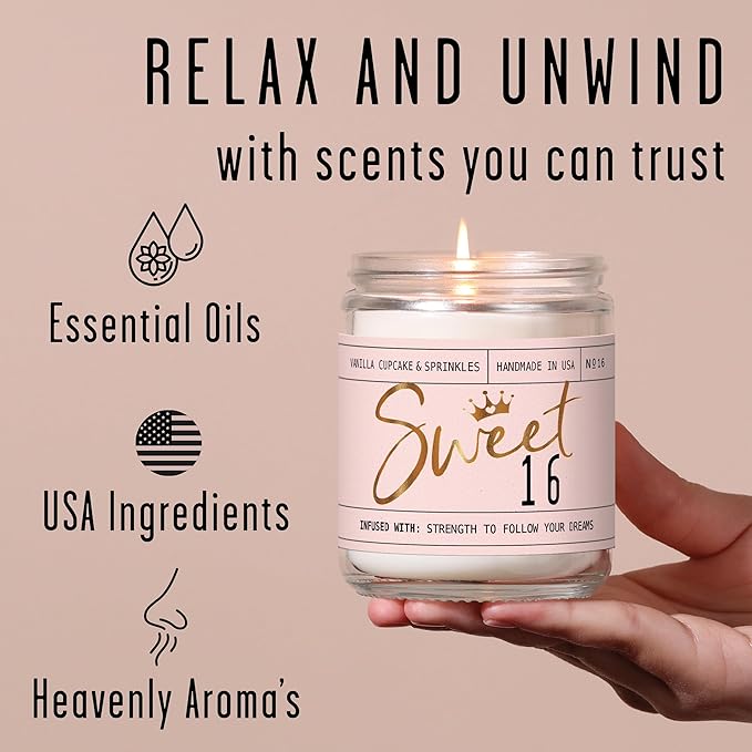 Sweet 16 Gifts for Girls - 'Sweet 16' Soy Candle, w/Vanilla Cupcake & Sprinkles I 16th Birthday Gifts for Girls I Sweet Sixteen Gifts for Girls I 9oz Reusable Jar, 50Hr Burn, Made in USA - Bloomnest