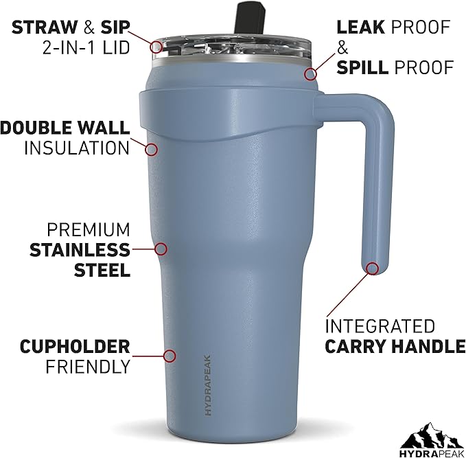 Hydrapeak Roadster 40oz Stainless Steel Tumbler Double Wall Vacuum Insulated Water Bottle With Handle And 2 in 1 Straw Lid (Modern Blue) - Bloomnest
