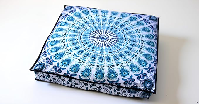 INDIAN CRAFT CASTLE 24" Green Peacock Mandala Barmeri Large Floor Pillow Cover Cushion Meditation Seating Ottoman Throw Cover Hippie Decorative Zipped Bohemian Pouf Ottoman Pom Pom Cases 24" Square - Bloomnest