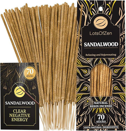 Sandalwood Incense Sticks (70 Pack) - Natural 7.8" Incense for Cleansing, Meditation & Spiritual Healing - Pure Sandal Wood Resin, Long-Lasting Burn Time LotsOfZen