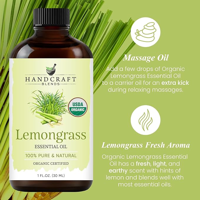 Handcraft Blends Organic Lemongrass Essential Oil – 1 Fl Oz – 100% Pure and Natural – Premium Grade Essential Oil for Diffuser and Aromatherapy HandcraftBlends