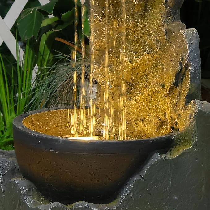 37.4''H 2-Tiered Rainfall Bowl Garden Water Fountain with LED Lights and Pebbles, Modern Crackled Stone Feature Waterfall for Porch, Deck, Yard, Patio, and Home Décor - Bloomnest