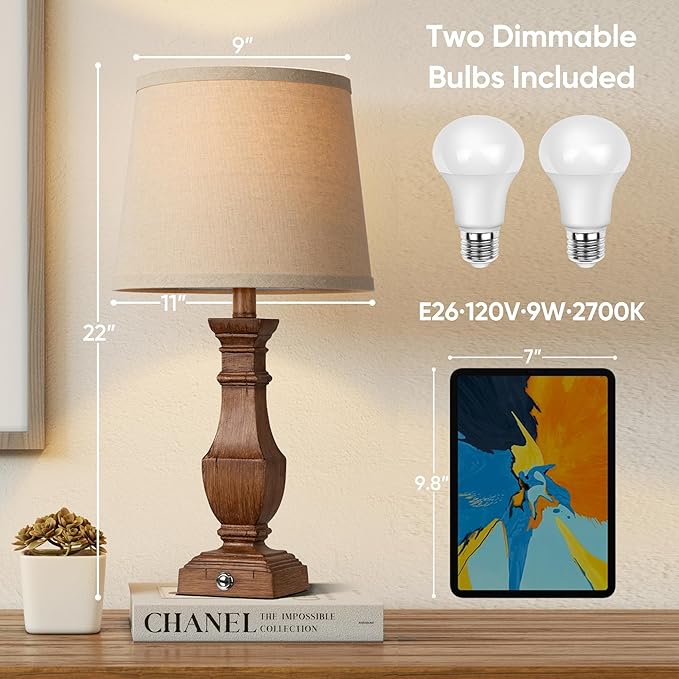 ROTTOGOON Dimmable Table Lamps Set of 2, Rustic Farmhouse Table Lamps for Living Room Bedroom, Bedside Desk Lamps for end Tables, Touch Lamps for nightstand, 9W Bulbs Included, 22", Brown - Bloomnest