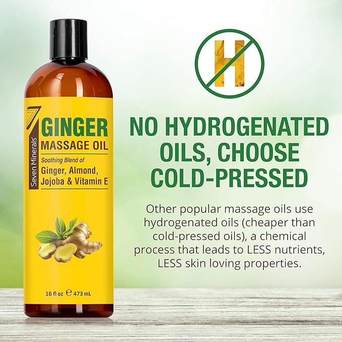 Seven Minerals Ginger Massage Oil for Lymphatic Drainage Massage Therapy - Big 16 oz - Warming and Ultra Relaxing - Therapeutic Grade Essential Oils Soothes Tired Muscles & Relaxes Mind and Body