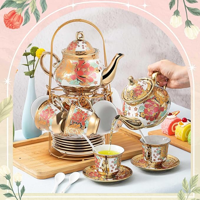 Zhehao 20 Pcs Porcelain Tea Set with Metal Holder and Spoon Adult Ceramic Tea Set European Flower Painting Teapot Cup Saucer Spoon for Women, Large Version(Stylish Style) - Bloomnest