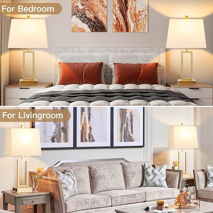 23.5" Touch Control Table Lamps, Metal Bedside Lamp for Bedroom Set of 2 with USB A+C Ports & AC Outlet, 3-Way Dimmable Nightstand Lamp for Living Room (LED Bulb Included) - Bloomnest