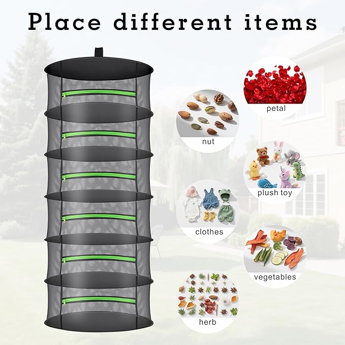 Herb Drying Rack with Mesh Design - Hanging Herb Dryer with Green Zipper for Garden, Home, Indoor or Outdoor Use (6layer) - Bloomnest