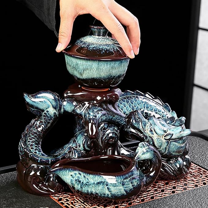 Chinese Gongfu Tea Set Ceramic Teapot with Infuser, 8 Cups, Semi Automatic Dragon Design for Loose Leaf Tea