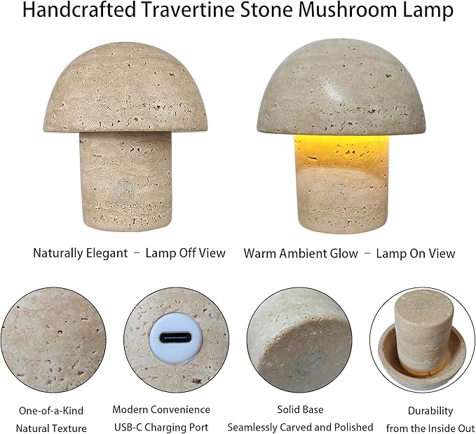 Natural Stone Mushroom Lamp - Handcrafted Travertine Night Light, Rechargeable with Type-C, Dimmable LED Accent Light for Bedroom & Living Room - Bloomnest