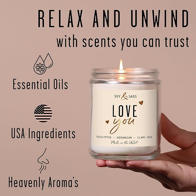 Valentines Day Gifts for Her, Valentine Candles -I Love You Candle, w/Eucalyptus & Geranium I I Love You Gifts for Her I Valentines Day Candle for Wife, Girlfriend I 9oz, 50Hr Burn, USA Made - Bloomnest