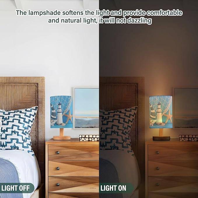 Table Lamp Nautical Sailboat Lighthouse Starfish Seashell Fishnet Blue Wood Nightstand Lamp with Wood Base Fabric Lamp Shade Bedside Desk Lamp for Living Room Bedroom Kids Room Office - Bloomnest
