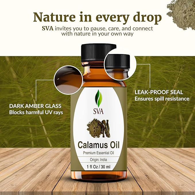 SVA Calamus Essential Oil – 1 Fl Oz – 100% Natural Calamus Oil - for Diffuser, Hair Care, Face, Skin Care, Aromatherapy, Scalp and Body Massage, Soap and Candle Making – with Dropper - Bloomnest