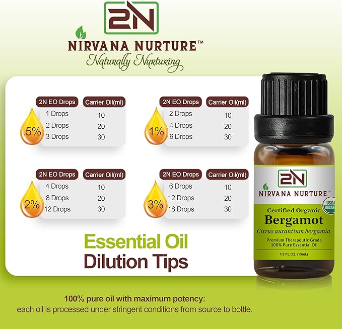 Bergamot Essential Oil, USDA Certified Organic, 100% Pure Undiluted, Aromatherapy Oil for Diffuser, Hair & Skin Care