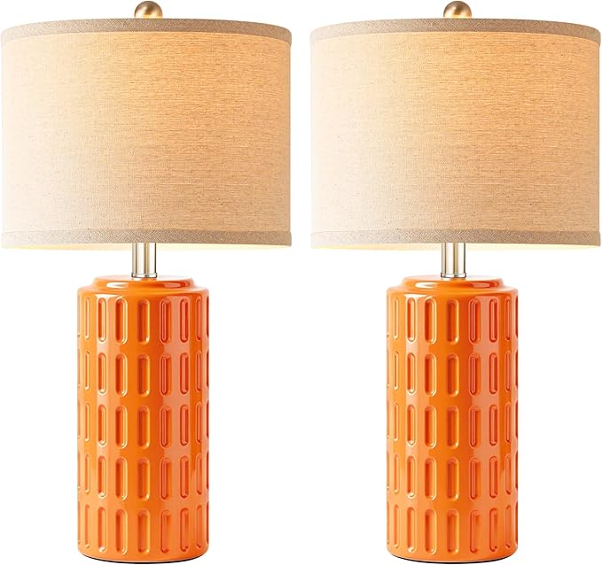 PARTPHONER 23" Farmhouse Modern Ceramic Table Lamp Set of 2 - Orange Bedside Lamps for Bedroom & Living Room, Nightstand, Desk, End Table - Bloomnest