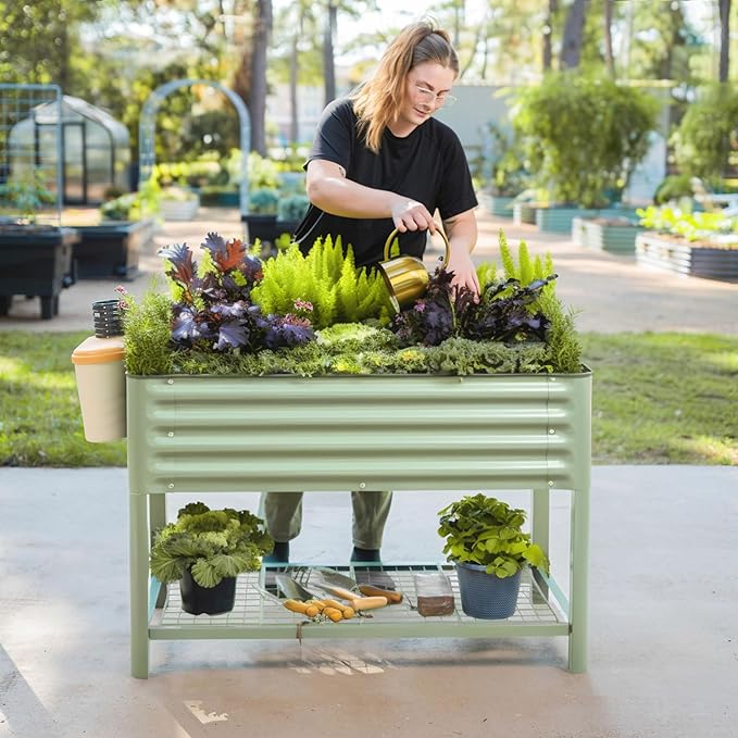 Elevated Raised Garden Bed-V Series, 2' x 8' Garden Beds with Legs & Storage Rack for Patio Porch, 1400 Lbs Weight Capacity, Outdoor Planter Boxes for Gardening Herbs Vegetables Flowers, Olive Green - Bloomnest