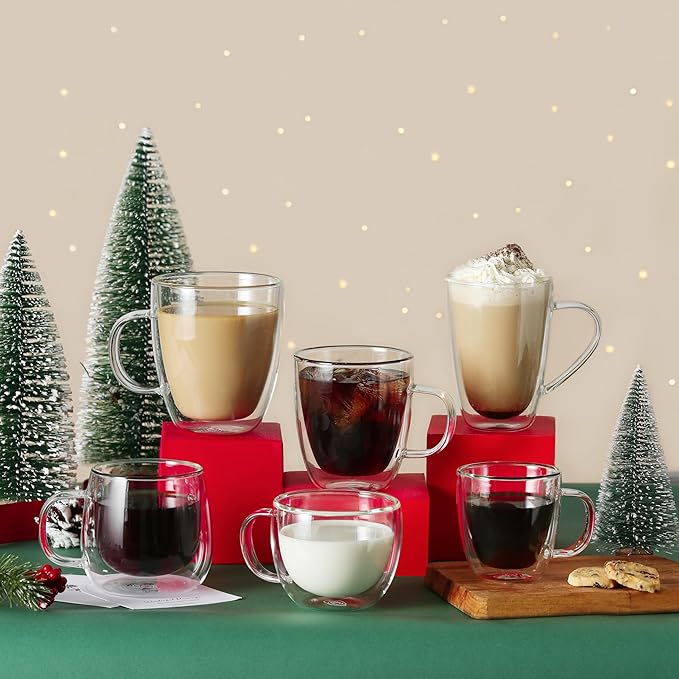 CNGLASS 8oz Double Wall Glass Coffee Mugs,Clear Insulated Espresso Glass Mugs with Handle for Latte,Cappuccino,Coffee,Set of 4 - Bloomnest