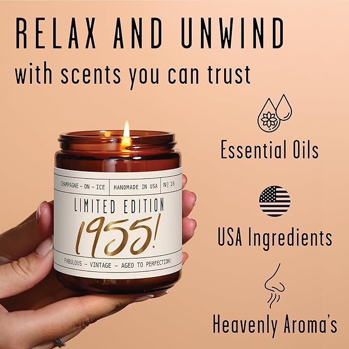 70th Birthday Gifts for Women - 'Limited Edition 1955' Soy Candle, w/Champagne on Ice I Best Gifts for 70 Year Old Woman I 1955 Birthday Gifts for Women I 9oz Reusable Jar, 50Hr Burn, Made in USA - Bloomnest