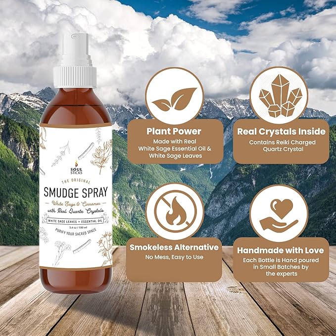 SOUL STICKS White Sage & Cinnamon Smudge Spray – 3.5oz Smokeless Energy Mist with Quartz Crystals – Non-Toxic Cleansing Spray for Aura, Home, Car, Meditation, Yoga, Stress Relief & Protection SoulSticks