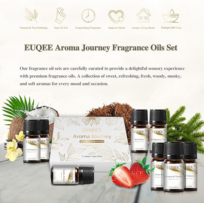 EUQEE 12pcs Fragrance Oils Gift Set, Premium Essential Oils Set for Diffuser, Candle, Soap Making, Travel, with Amber, Coconut&Vanilla, Fresh Linen, Leather, Forest Pine, Gift Set for Women and Men EUQEE