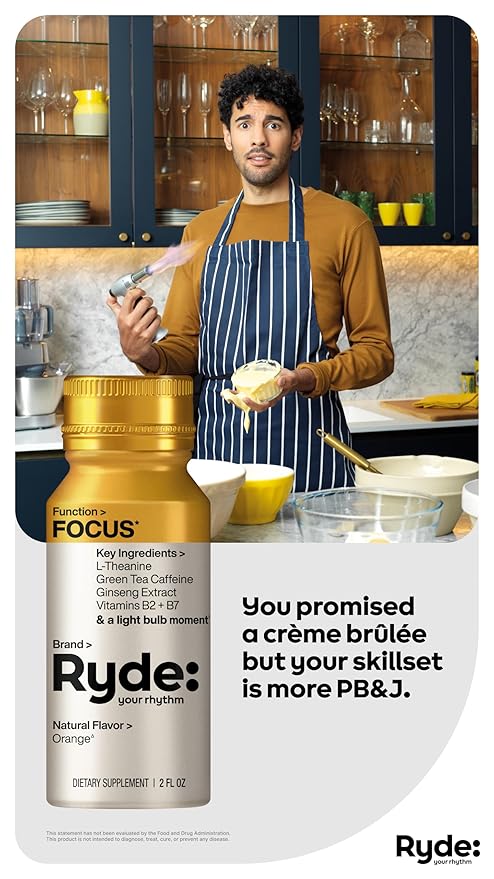 Ryde: Focus Shot | Orange Flavor | L-Theanine & Ginseng | Green Tea Caffeine | Vitamins B2 & B7 | 0 Calories, 0 Sugar | 2 FL OZ Shots | Supports Focus* (24 Pack) - Bloomnest