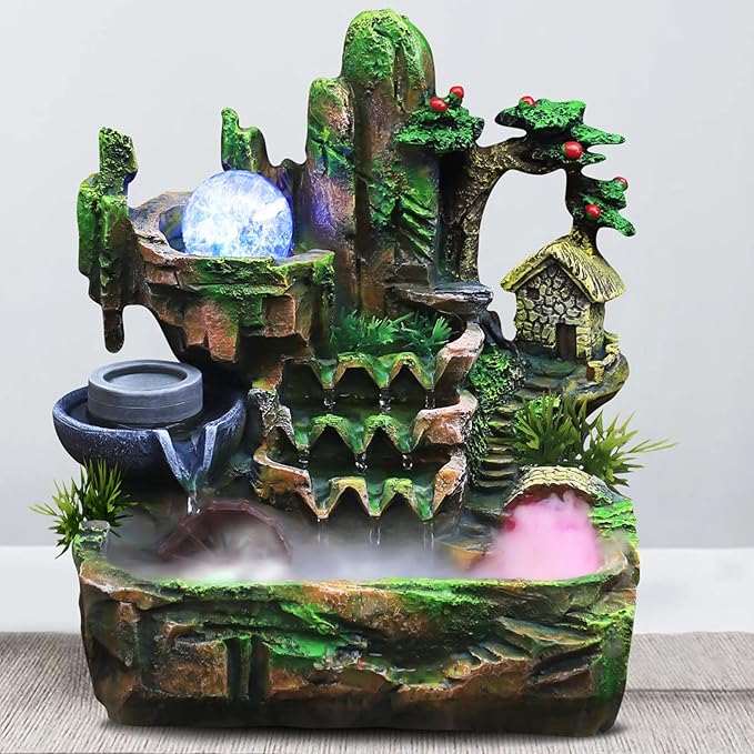 Rockery Fountain, Rockery Tabletop Fountain, Indoor Waterfall Feature with Automatic Pump, for Home Office Desk Decoration, Relaxation Desktop Fountain Waterfall with LED Lamp Atomization Effect