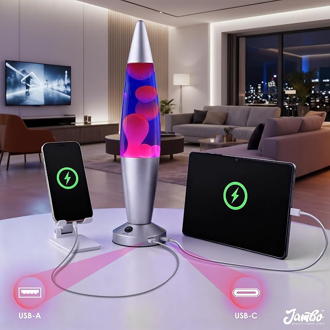 JAMBO Beautiful Liquid Lamp with USB Ports, 16" Motion Light with Blue Liquid Purple Wax, Relaxing Nightlight, Mood Light for Bedroom, Living Room, Office - Adults, Teens, Kids - Bloomnest