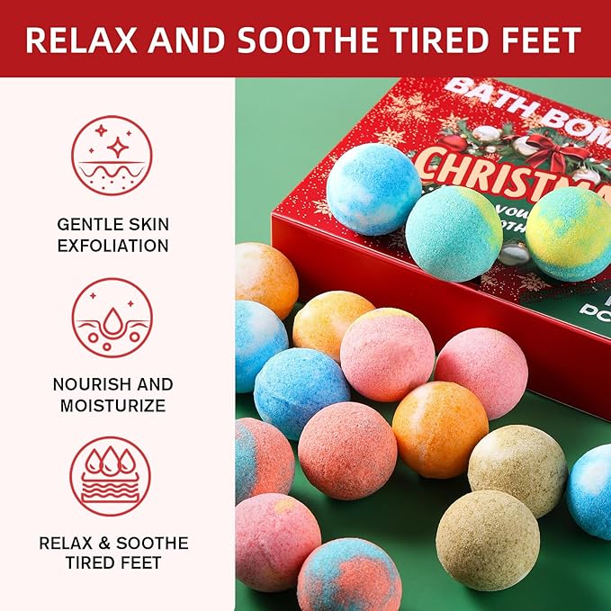 12-Pack Bath Bomb Set for Men & Women, Christmas Aromatherapy Spa Bombs with Essential Oils, Giftable Bath Essentials for Relaxation & Self Care - Bloomnest