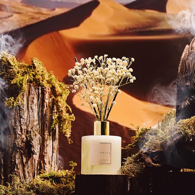 COCORRÍNA Reed Diffuser - Moroccan Amber 6.7 Fl.oz Reed Diffuser Set with Sticks & Preserved Baby's Breath, Reed Diffuser for Home Bathroom Shelf Decor - Bloomnest