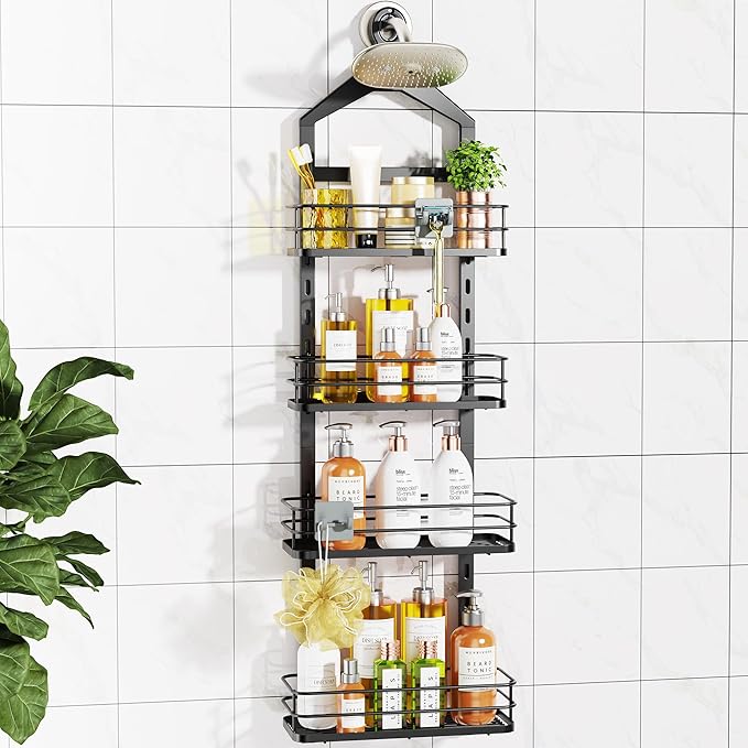 ODesign 4 Tier Height-Adjustable Shower Caddy Hanging Anti-Swing-Over The Shower Head Caddy-Sho wer Storage Organizer Bathroom Shelves Basket Caddies-Black - Bloomnest