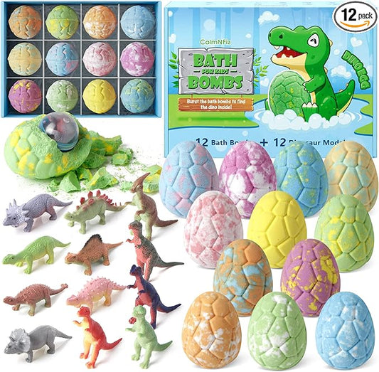Bath Bombs with Surprise Dinosaur Toys Inside, 12 Pack Organic and Natural Bubble Bath Bombs, Stocking Stuffers for Kids, Bath Bomb Set for Her/Him,Mothers Day Presents for Mom - Bloomnest