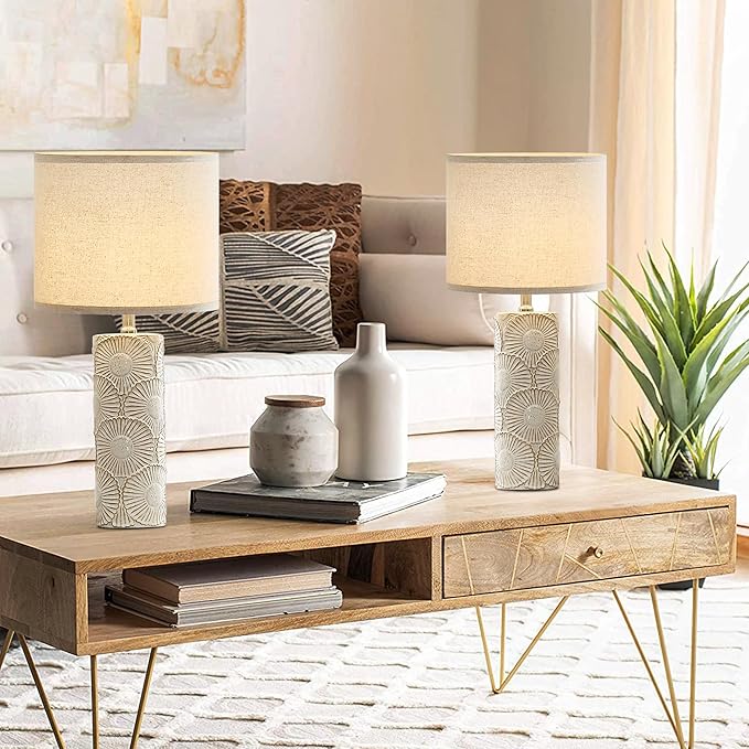 25.25" Tall White Lamps Set of 2 with Floral Design, Farmhouse White Ceramic Lamps Set of 2 for Bedroom, Living Room, Beige Table Lamps for Nightstands, Console Table - Bloomnest