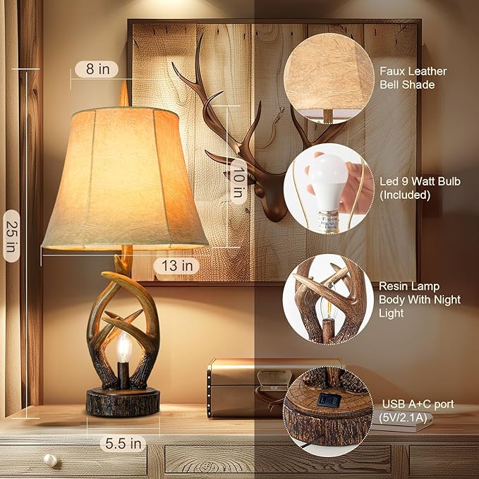Scenekoy Rustic Farmhouse Antlers Bedside Table Lamp Set of 2 with Nightlight Dual USB Ports Leather Soft Bell Shade Brown Finish nightstand Lamp Decor for Living Room Bedroom Office House Hotel - Bloomnest