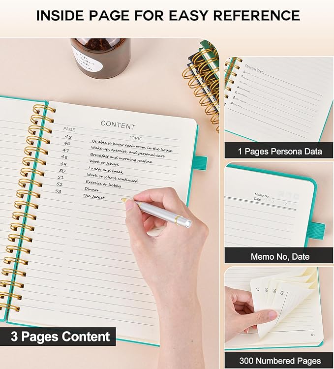 Spiral Notebook Journal for Women Men, 300 Numbered Lined Pages, College Ruled, A5 Hardcover Spiral Bound Notebook for School, Work, Note Taking Writing, Leather Spiral Journal Medium 5.9"x8.5" - Bloomnest