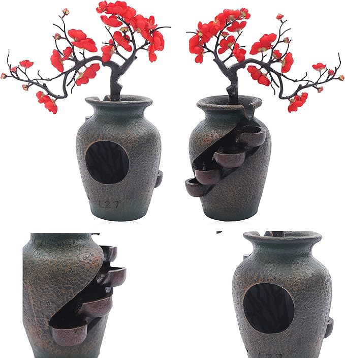 16" Flower Ornament Vase Decorative Bonsai Mini Tabletop Waterfall Fountain Indoor with Water Flow & Artificial Bouquet, Desktop Water Fountains Restaurant Coffee Home Decor or Festival Birthday Gift - Bloomnest