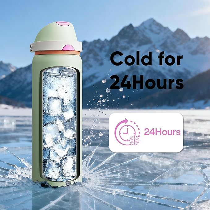 Insulated Water Bottle with Straw - Encool Stainless Steel Water Bottle with Push Button Lid, Leak-Proof & BPA-Free, Keeps Cold for 24 Hours for Sports, Travel, Gym (32 oz, Geyser Green) ENCOOL