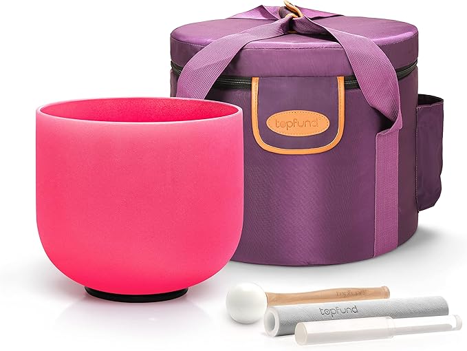 TOPFUND Pink F Note Crystal Singing Bowl 10 inch Heart Chakra with Heavy Duty Carrying Case and Suede Mallet