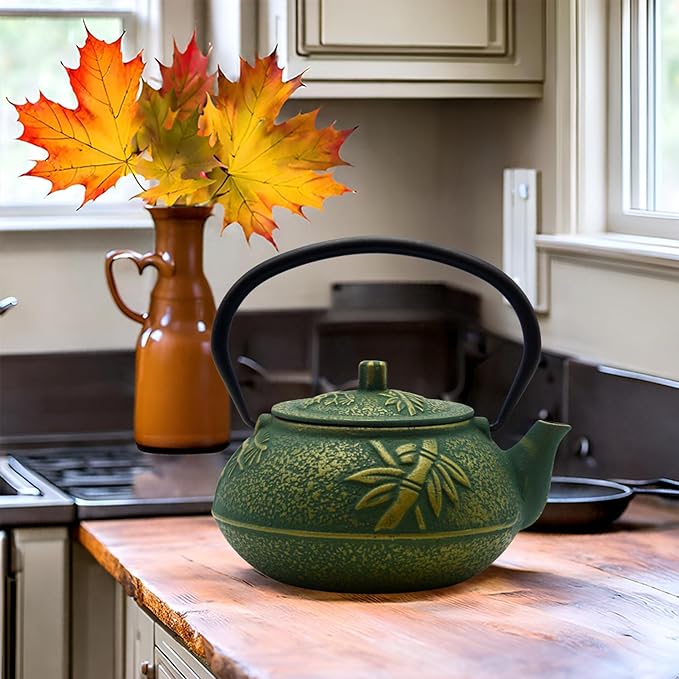 900ml Small Cast Iron Tea Kettle, SECHUDO Teapot Coated with Enameled Interior for Stovetop, Japanese Green Tea Pot with Stainless Steel Strainer for Loose Leaf, Pine,Bamboo and Plum Pattern(30.4oz)