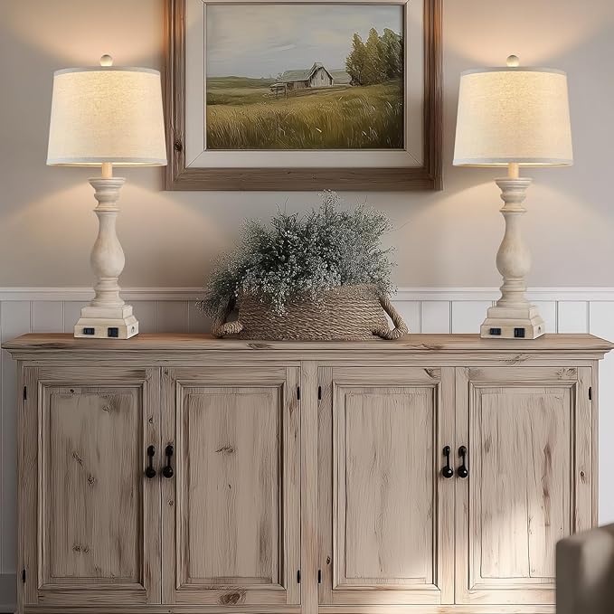28" Farmhouse Table Lamps Set of 2 with USB C+A Ports and AC Outlet, 3 Way Touch Tall Vintage Bedside Lamp for Living Room, Beige Rustic Nightstand Lamp for Bedroom Office - Bloomnest