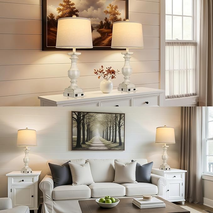 Farmhouse Table Lamp Set of 2, 28'' Bedside Lamps with USB A+C Port, Traditional Nightstand Lamps for Room, Vintage Table Lamp, Desk Lamp for Bedroom, Beige Lampshade, Rocker Switch, Bulb Included - Bloomnest