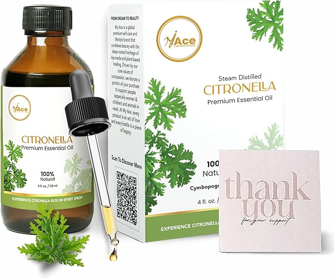 My Ace Citronella Essential Oil – 100% Pure & Natural Steam Distilled Oil – 4 fl oz Amber Glass Bottle with Dropper – Aromatherapy, Diffuser, Skin & Hair Care, Massage, Soap & Candle Making MyAce