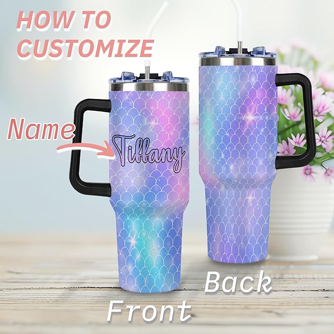 Personalized Mermaid Scales Tumbler with Names, Custom 40oz Tumblers with Handle and Straw Lid, Insulated Stainless Steel Cup, Travel Coffee Mug, Gifts for Christmas Birthday Anniversary Women Her - Bloomnest