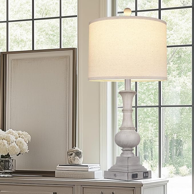 26" Farmhouse Lamp with 2 USB Ports & AC Outlet, Vintage Rustic Touch Control Bedside Lamp, Resin 3-Way Dimmable Nightstand Lamp Fabric Shade for Living Room Bedroom Decor Gray(LED Bulb Included) - Bloomnest