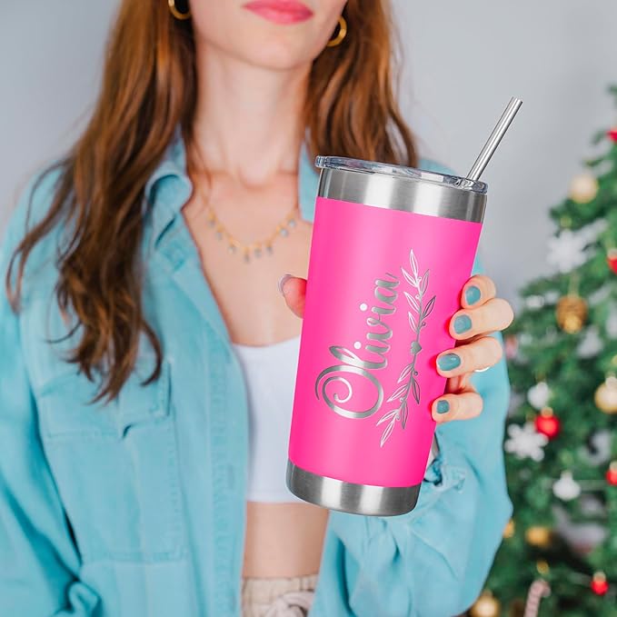 Personalized Tumbler with Engraved Name - 12 Designs, 30 Oz Coffee Tumbler with Slider Lid, Hot Pink, Double Wall Insulated - Gifts for Mom, Custom Gift for Women, Personalized Gift for Her - Bloomnest