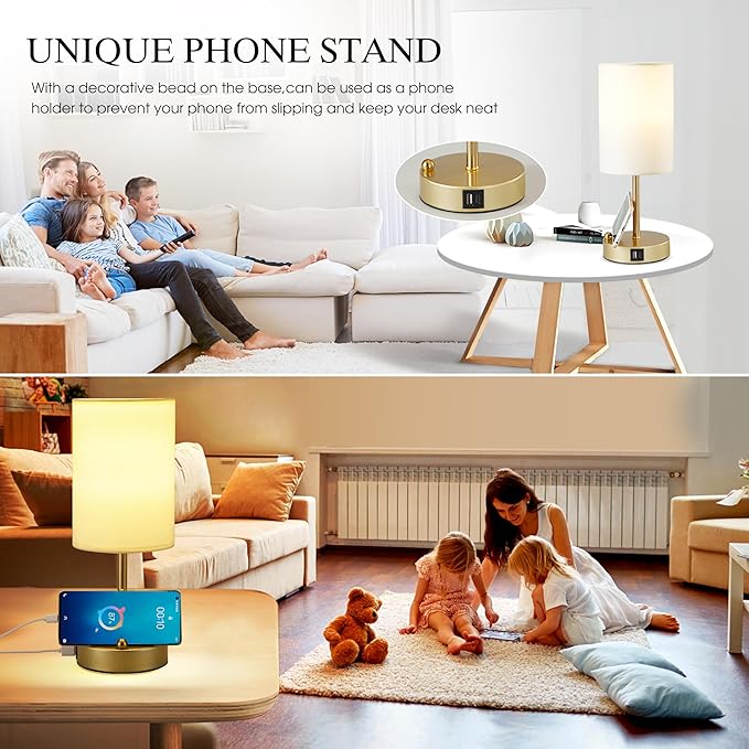 Briever Touch Control Table Lamp for Bedroom, 3-Way Dimmable Nightstand Lamp with USB Charging Ports, Bedside Desk Lamp with Gold Phone Stand & Round Linen Fabric Shade, Bulb Included - Bloomnest